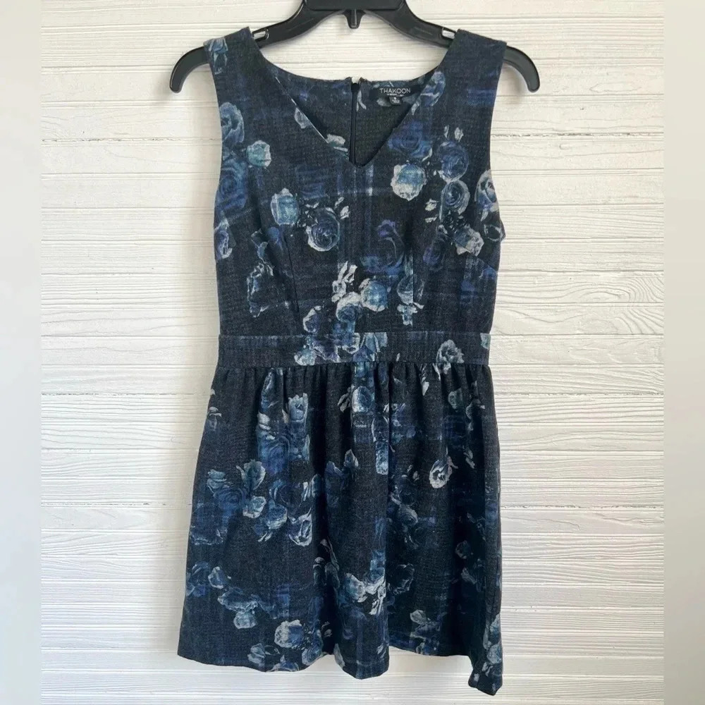 THAKOON by Design Nation Blue Plaid Floral Print Sleeveless Dress Size 6